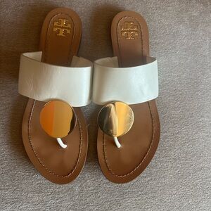 Tory Burch white and Gold Slide Sandals